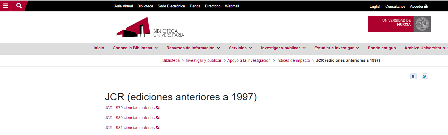 Web da Universidad de Murcia con edicións anteriores a 1997 do JCR